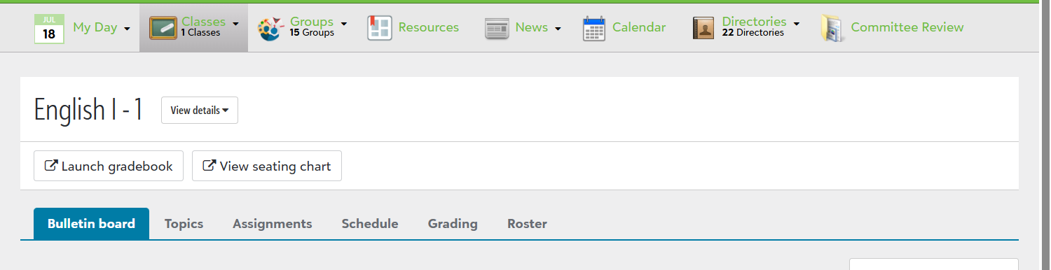 Faculty Class page displays Gradebook, Seating chart, Bulletin board, Topics, Assignments, Schedule, Grading, and Roster